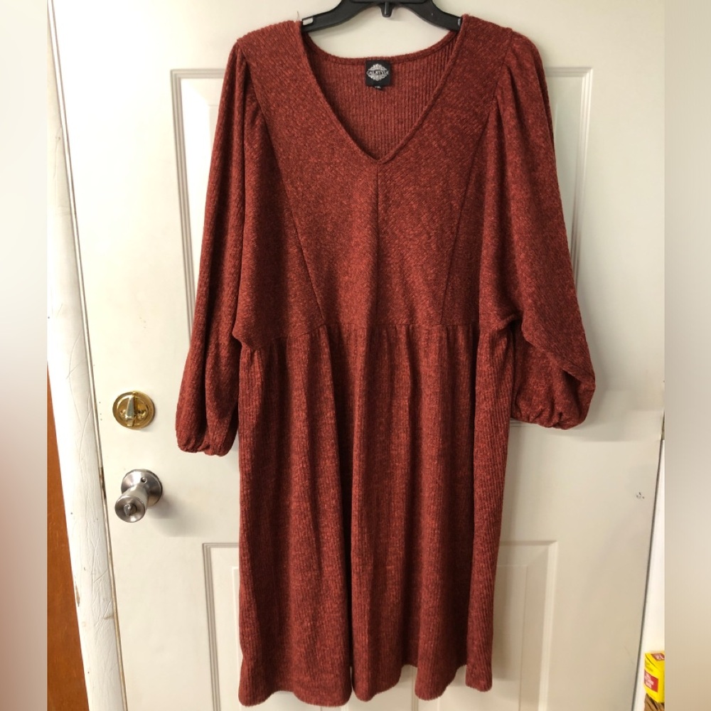 Calstyle Like New Rust Red Knit V-Neck Dress with Puff Sleeves XXL